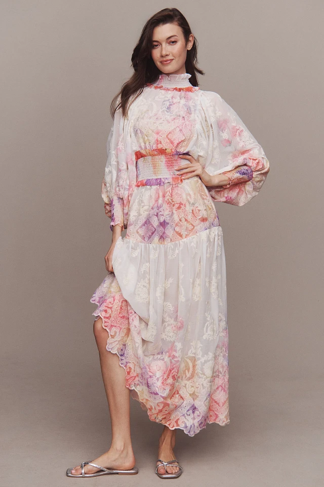 Elliatt Grandeur Long-Sleeve Floral Organza A-Line Midi Dress | The Summit