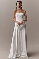 Jenny by Yoo Addilyn Strapless Neck-Scarf Drop-Waist Satin Wedding Gown