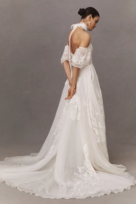 Jenny Yoo Genevieve Off-The-Shoulder A-Line Appliqué Wedding Gown