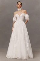 Jenny Yoo Genevieve Off-The-Shoulder A-Line Appliqué Wedding Gown