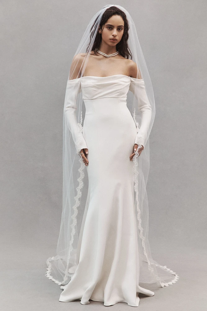 Jenny Yoo Briar Long-Sleeve Off-The-Shoulder Fit & Flare Crepe Wedding Gown