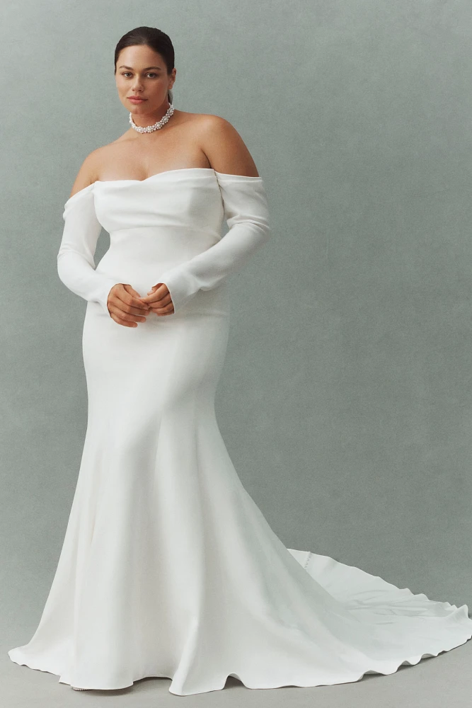 Jenny Yoo Briar Long-Sleeve Off-The-Shoulder Fit & Flare Crepe Wedding Gown