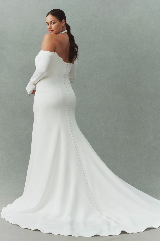 Jenny Yoo Briar Long-Sleeve Off-The-Shoulder Fit & Flare Crepe Wedding Gown