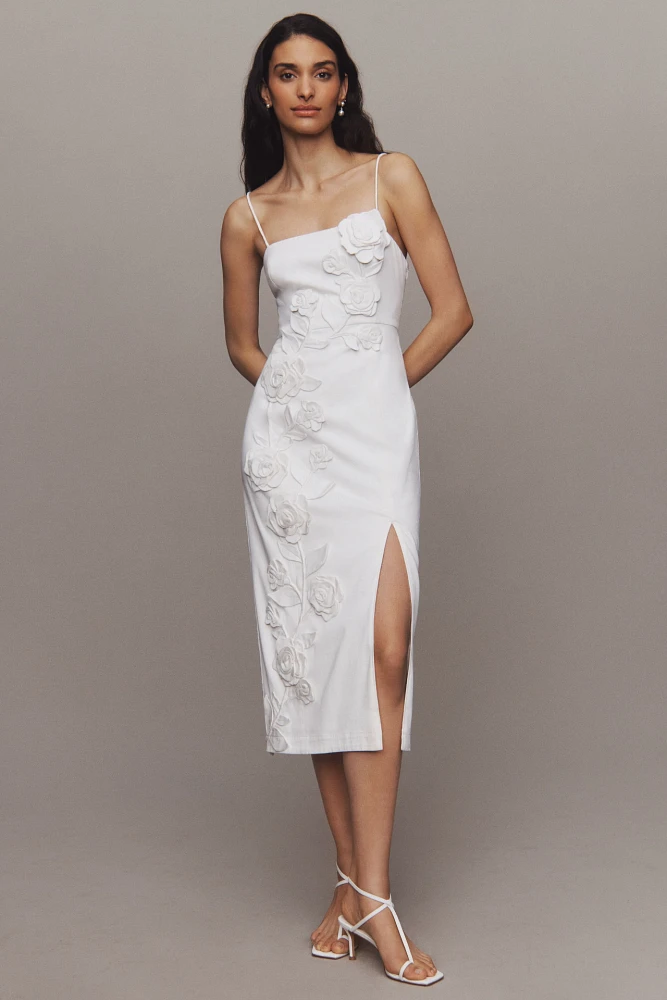 BHLDN Sleeveless Straight-Neck Cascading Floral Satin Slim Side-Slit Midi Dress