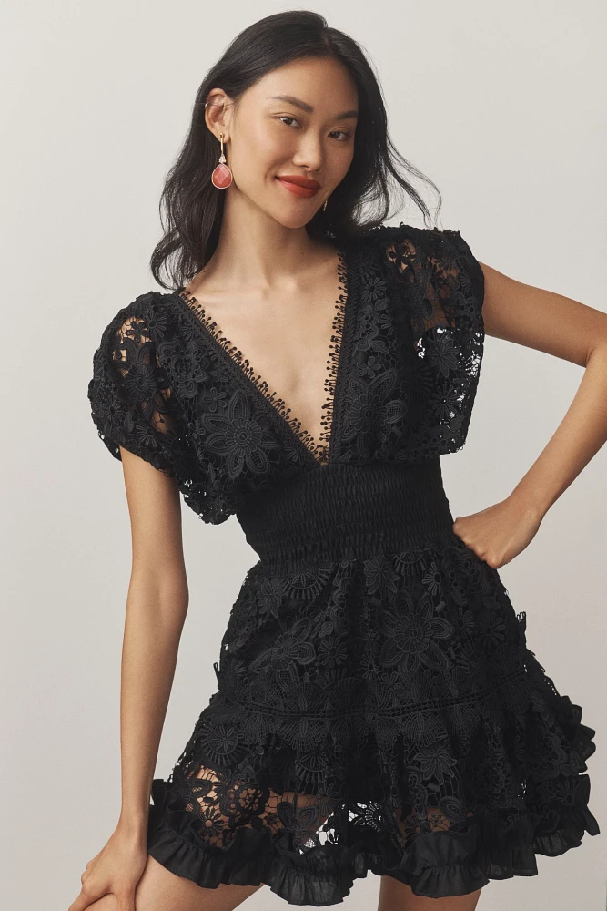 Waimari Morana Short-Sleeve Lace V-Neck Mini Dress