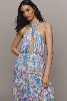 BHLDN Danielle Halter Front-Cutout Printed Tiered Chiffon Maxi Dress