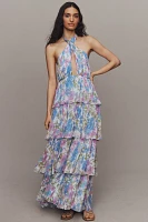 BHLDN Danielle Halter Front-Cutout Printed Tiered Chiffon Maxi Dress