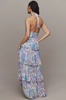 BHLDN Danielle Halter Front-Cutout Printed Tiered Chiffon Maxi Dress