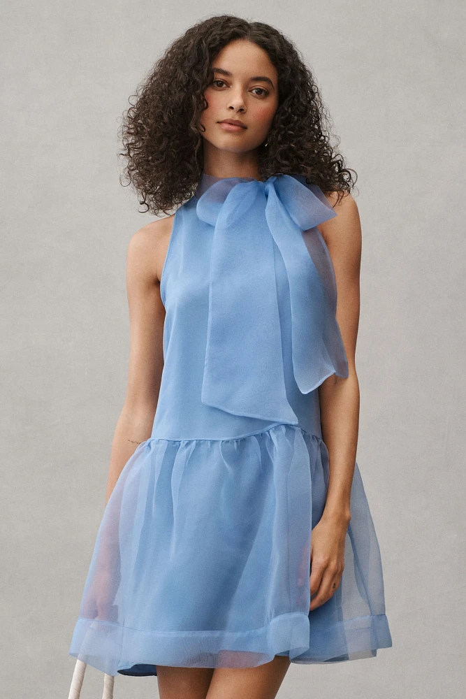 BHLDN Sophia High-Neck Bow-Tie Organza Mini Dress