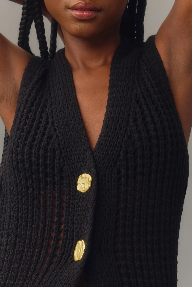 Flat White Open-Knit Cardigan Sweater Vest