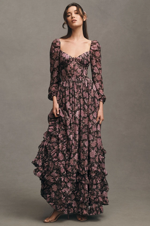 V. Chapman Carmella Long-Sleeve Corset Side-Slit Chiffon Maxi Dress | The Summit V. Chapman Carmella Long-Sleeve Corset Side-Slit Chiffon Maxi Dress | The Summit