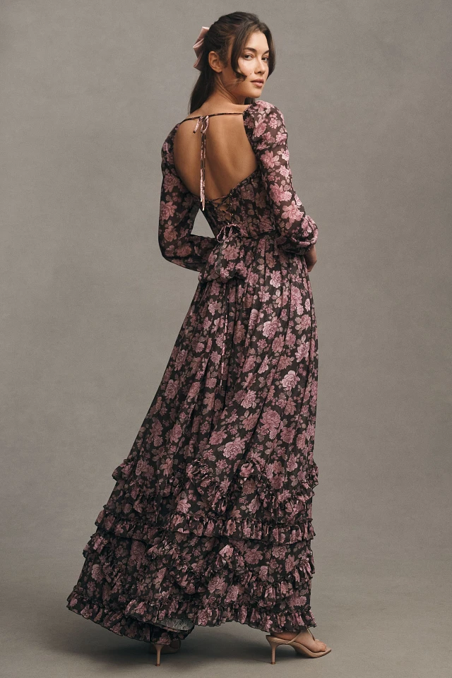 v. chapman carmella long-sleeve ruffled chiffon maxi dress The Carmella Dress in Peach Tapestry 2 / Peach Tapestry