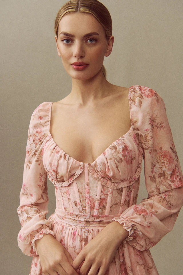 V. Chapman Carmella Long-Sleeve Corset Side-Slit Chiffon Maxi Dress | The Summit V. Chapman Carmella Long-Sleeve Corset Side-Slit Chiffon Maxi Dress | The Summit