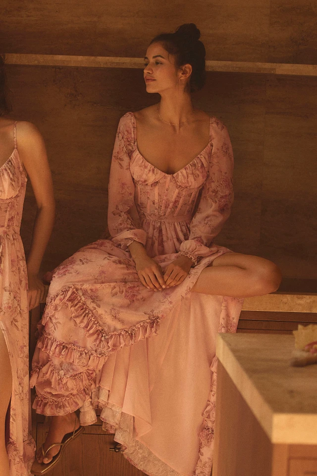 V. Chapman Carmella Long-Sleeve Corset Side-Slit Chiffon Maxi Dress | The Summit V. Chapman Carmella Long-Sleeve Corset Side-Slit Chiffon Maxi Dress | The Summit