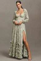 V. Chapman Carmella Long-Sleeve Corset Side-Slit Chiffon Maxi Dress