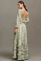 V. Chapman Carmella Long-Sleeve Corset Side-Slit Chiffon Maxi Dress