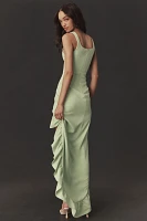 Dress The Population Charlene Square-Neck Ruffle Side-Slit Gown