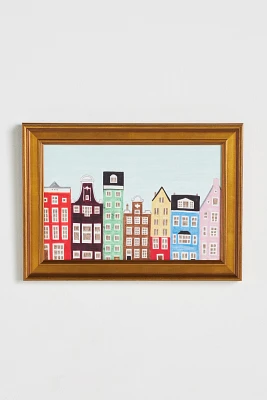 Amsterdam, Netherlands, Holland Row Houses Colorful Illustration Art Print Wall Art