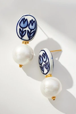 Floral Porcelain Pearl Drop Earrings