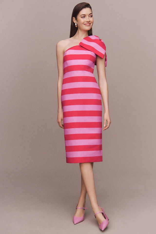 sachin & babi sloane asymmetrical bow taffeta a-line midi dress Sachin & Babi "Chelsea" One Shoulder Bow Gown