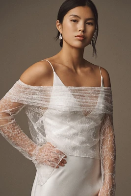 Theia Ocean Off-The-Shoulder Long-Sleeve Lace Bridal Topper