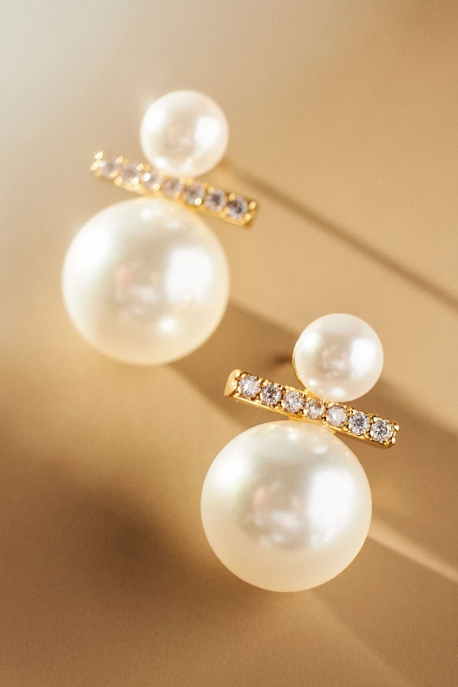 Double Pearl Crystal Post Earrings