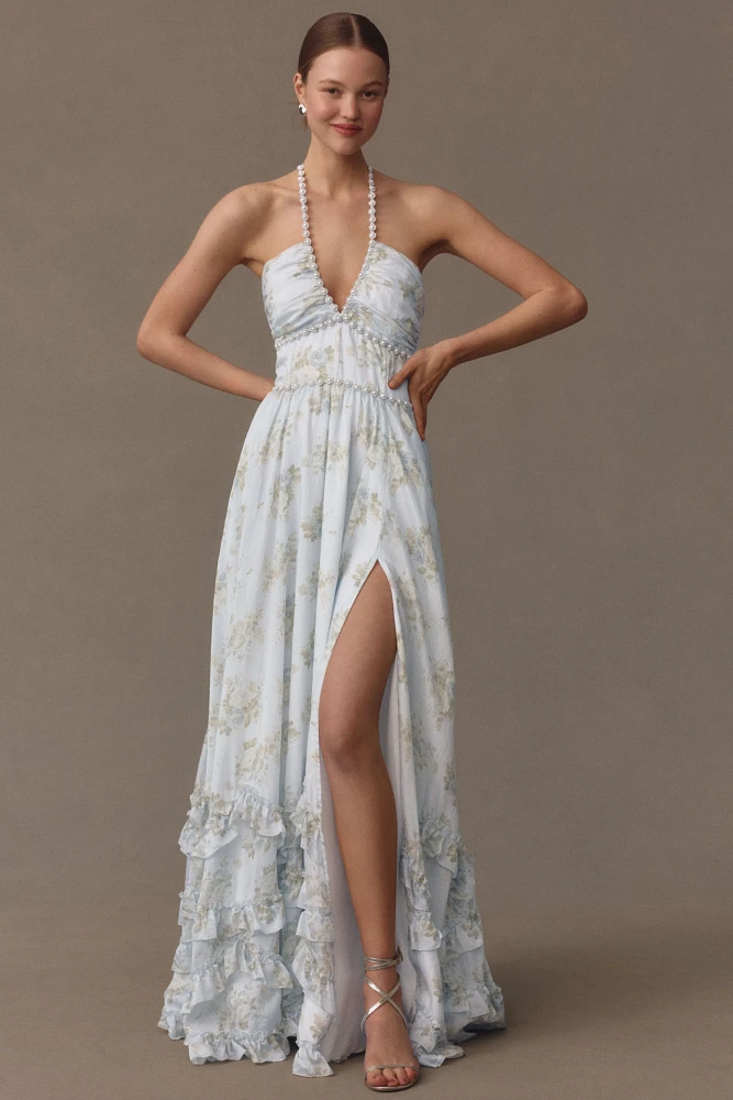 V. Chapman Scarlette Halter Embellished Corset Organza Maxi Dress