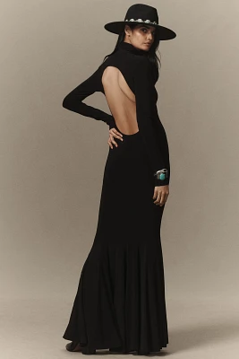 Norma Kamali Turtleneck Long-Sleeve Open-Back Fishtail Gown