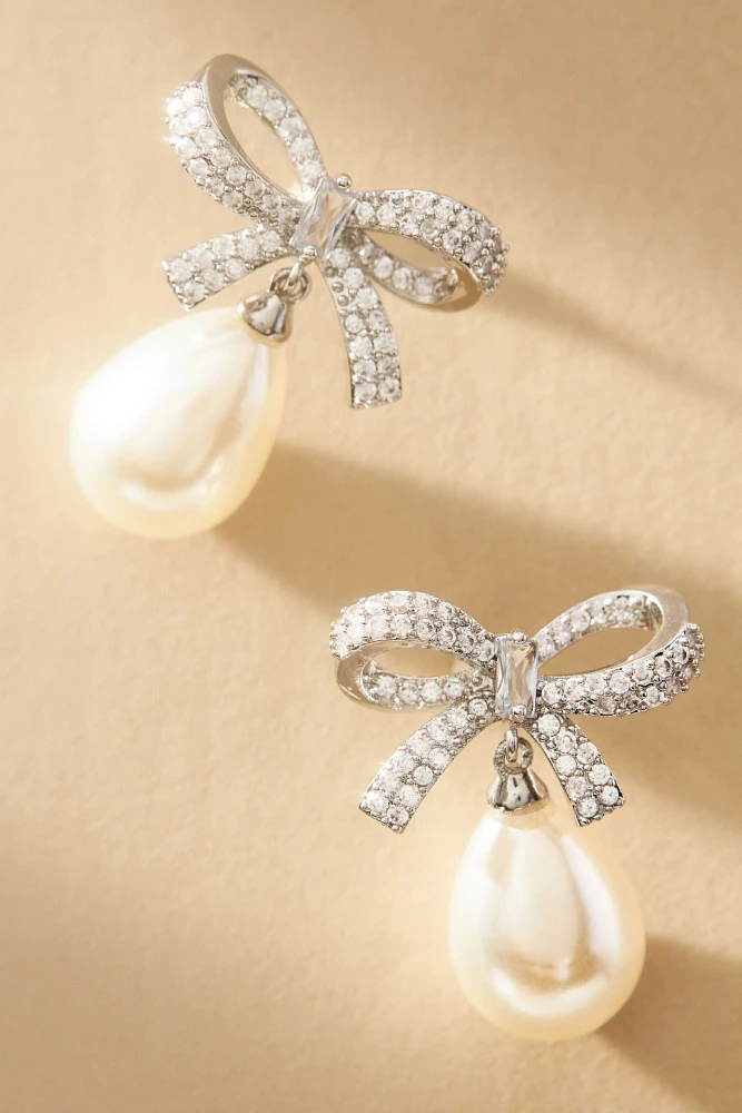 Shashi Pavé Bow Pearl Drop Earrings