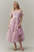 BHLDN Cecilia Off-The-Shoulder Polka Dot Tulle Midi Dress