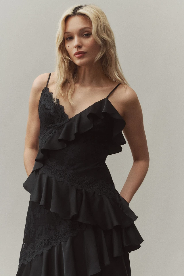 BHLDN Elora Sleeveless V-Neck Ruffle Lace Midi Dress | The Summit