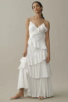 BHLDN V-Neck Tiered Ruffle Lace Satin Maxi Dress