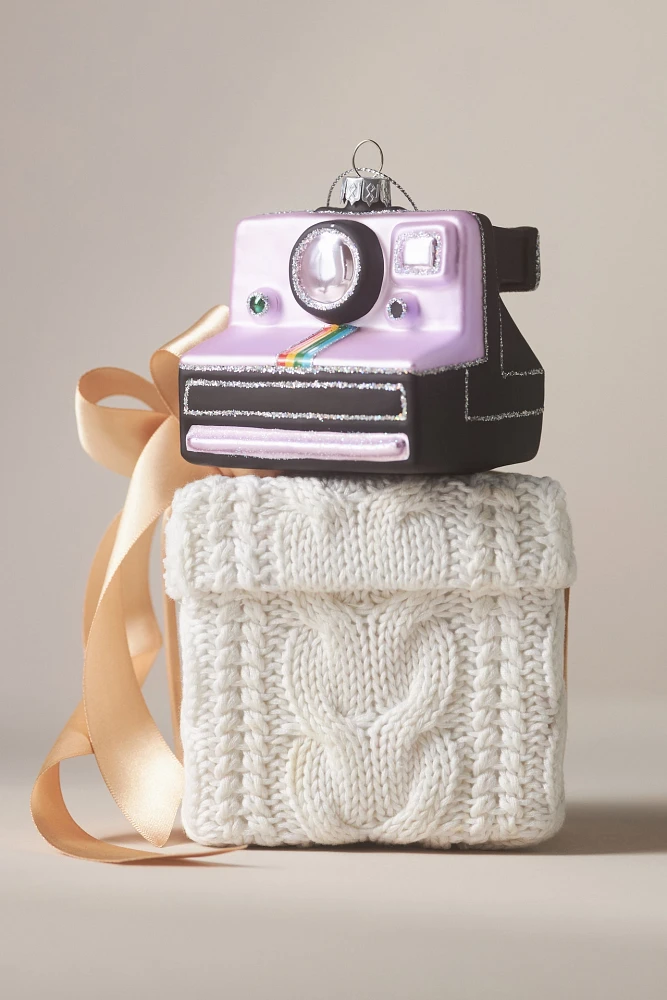 Purple Polaroid Camera Glass Ornament