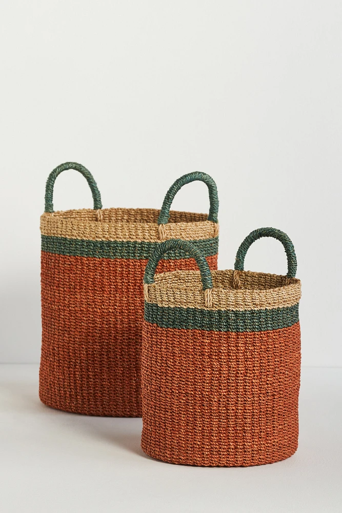 Cylinder Woven Palm Baskets, Set of 2