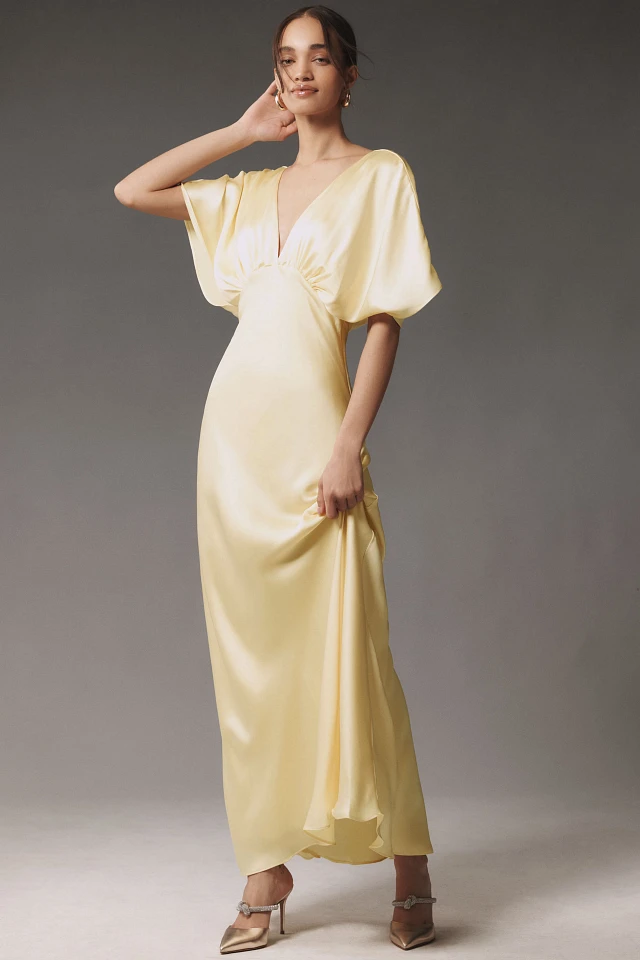 BHLDN Amelia Deep-V Satin Maxi Dress at MarketFair Shoppes in Princeton, NJ