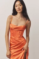 Mac Duggal Sweetheart Bustier Ruched Satin Side-Slit Gown