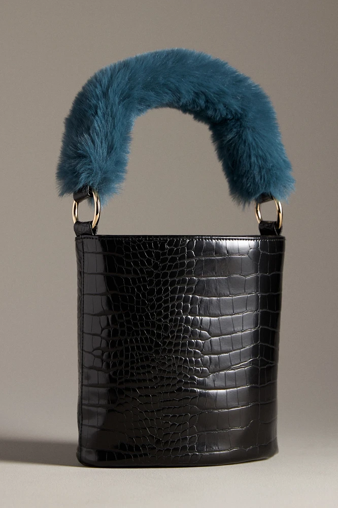 Faux-Fur Handle Croc Bucket Bag