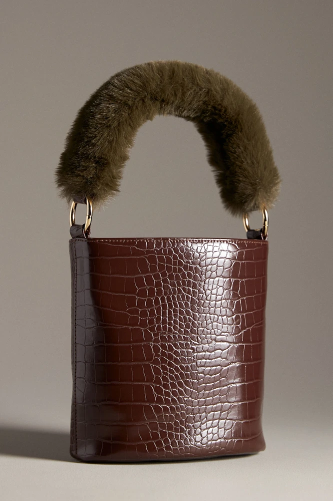 Faux-Fur Handle Croc Bucket Bag