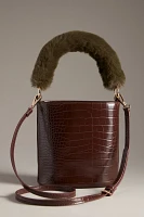 Faux-Fur Handle Croc Bucket Bag