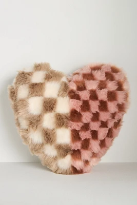 Checkered Faux-Fur Heart Pillow