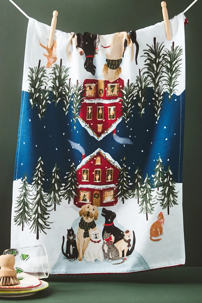 Cat & Dog Carolers Dishtowel