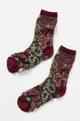 Sock Candy Serpentine Floral Black Sheer Crew Socks