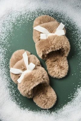 Maeve Faux-Fur Open-Toe Bow Slippers