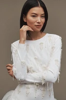 BHLDN Pearl-Embellished Long-Sleeve Drop-Waist Mini Dress