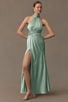 Ieena for Mac Duggal High-Neck Open-Back Ruched Side-Slit Satin Maxi Dress