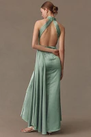 Ieena for Mac Duggal High-Neck Open-Back Ruched Side-Slit Satin Maxi Dress