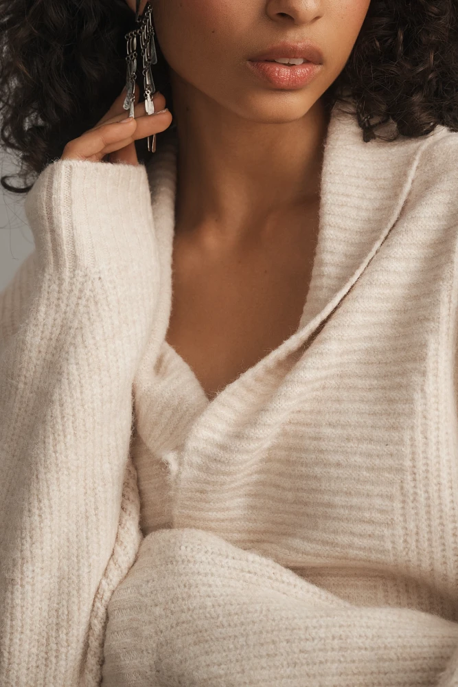 Flat White Ribbed Roll Collar Cardigan Sweater