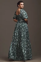 V. Chapman Emma V-Neck A-Line Brocade Cutout Maxi Dress