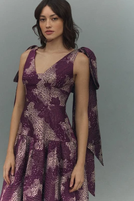 BHLDN Violet Jacquard Shoulder-Tie Fit & Flare Midi Dress