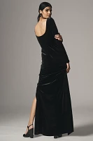 BHLDN Bella Long-Sleeve Scoop-Neck Side-Slit Stretch Velvet Maxi Dress